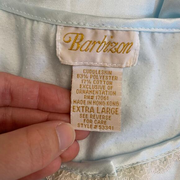 Vintage Barbizon Cuddleskin Pajama Set XL Blue Satin Lace Floral Embroidered‎ - Picture 2 of 16